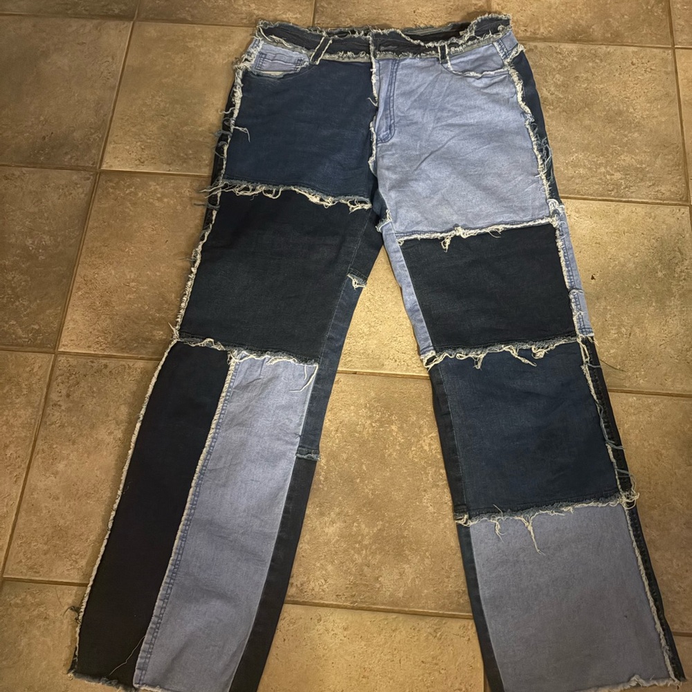 Amazon Women's Straight Leg Jeans with Patchwork - Navy and Light Denim